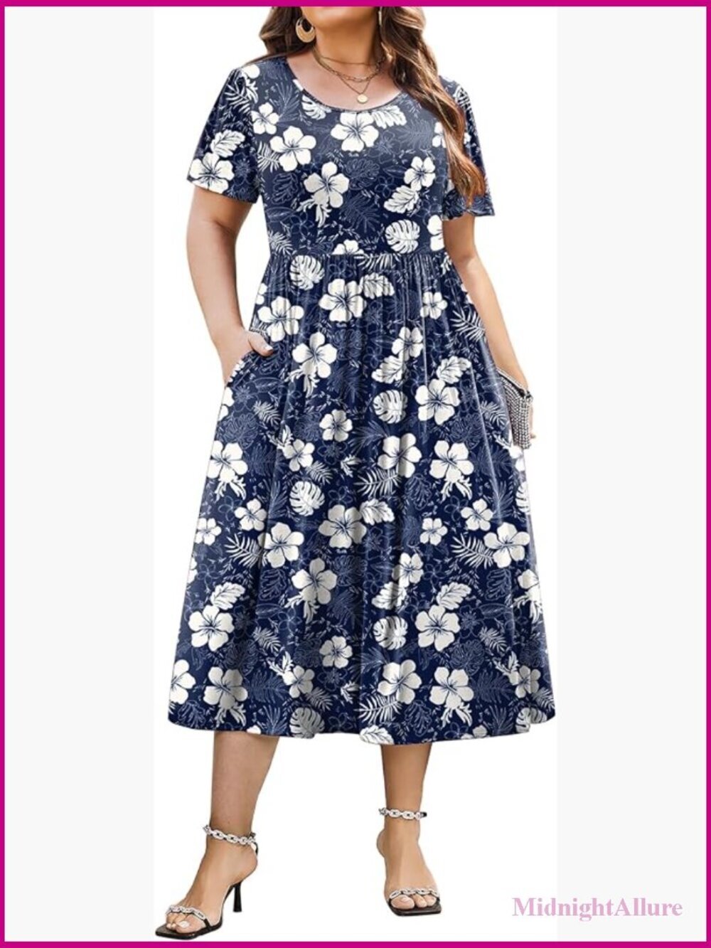 Plus Size A-Line Midi Dress with Pockets Short Sleeve Loose Casual